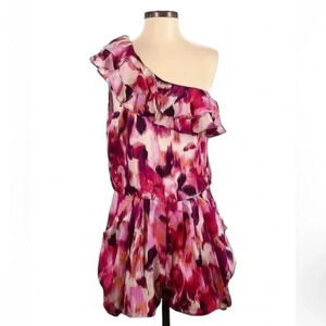 Bebe | 100% Silk One Shoulder Chic Garden Floral Watercolor Print Romper Size S